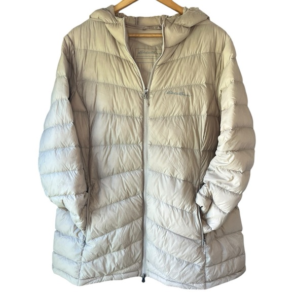 Eddie Bauer Hooded Chevron Down Parka Jacket XXL Tan Warm Winter Coat - Picture 4 of 8
